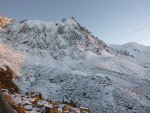 Looking up at the North Face of the Aiguille du Midi